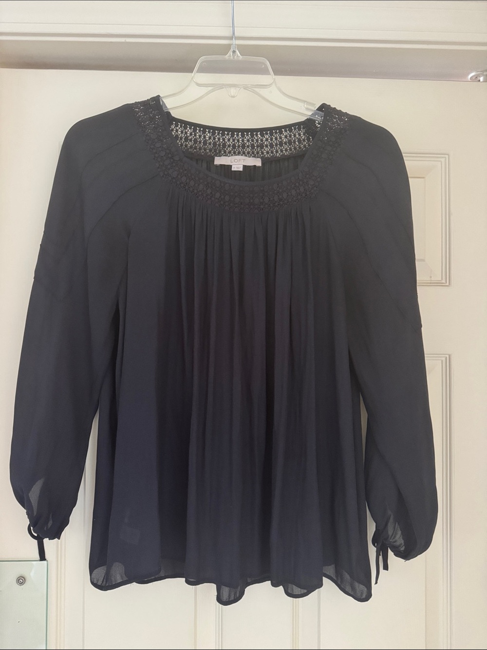 LOFT Women's Black Crochet-Yoke Peasant Blouse size M